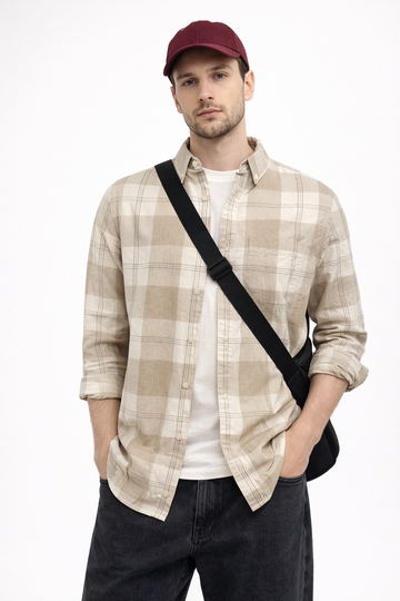 BEIGE CHECKS REGULAR FIT CASUAL SHIRT