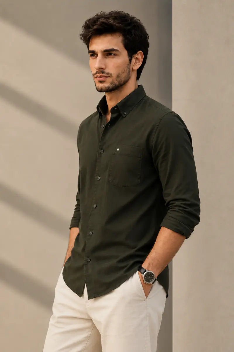 DARK GREEN TWILL LYCRA SLIM FIT CASUAL SHIRT
