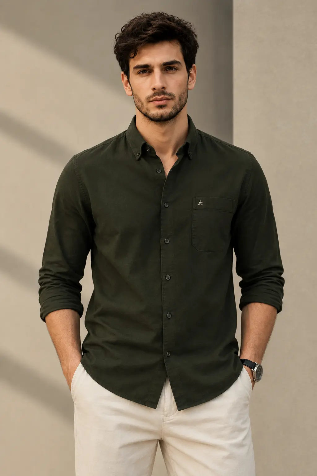 DARK GREEN TWILL LYCRA SLIM FIT CASUAL SHIRT