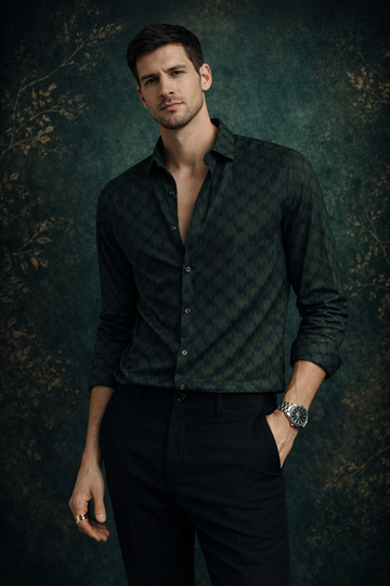 JONESBURG GREEN JACQUARD SLIM FIT FORMAL SHIRT