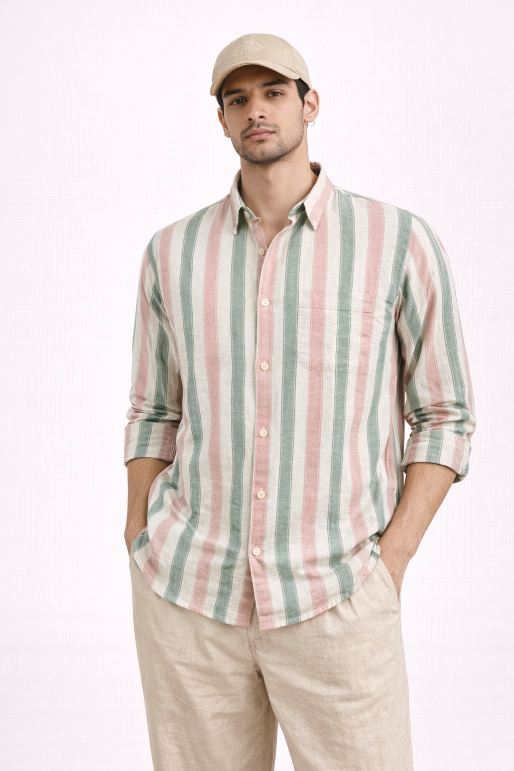 DARK GREEN STRIPE REGULAR FIT CASUAL SHIRT