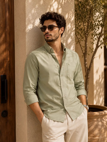 LIGHT OLIVE TWILL LYCRA SLIM FIT CASUAL SHIRT