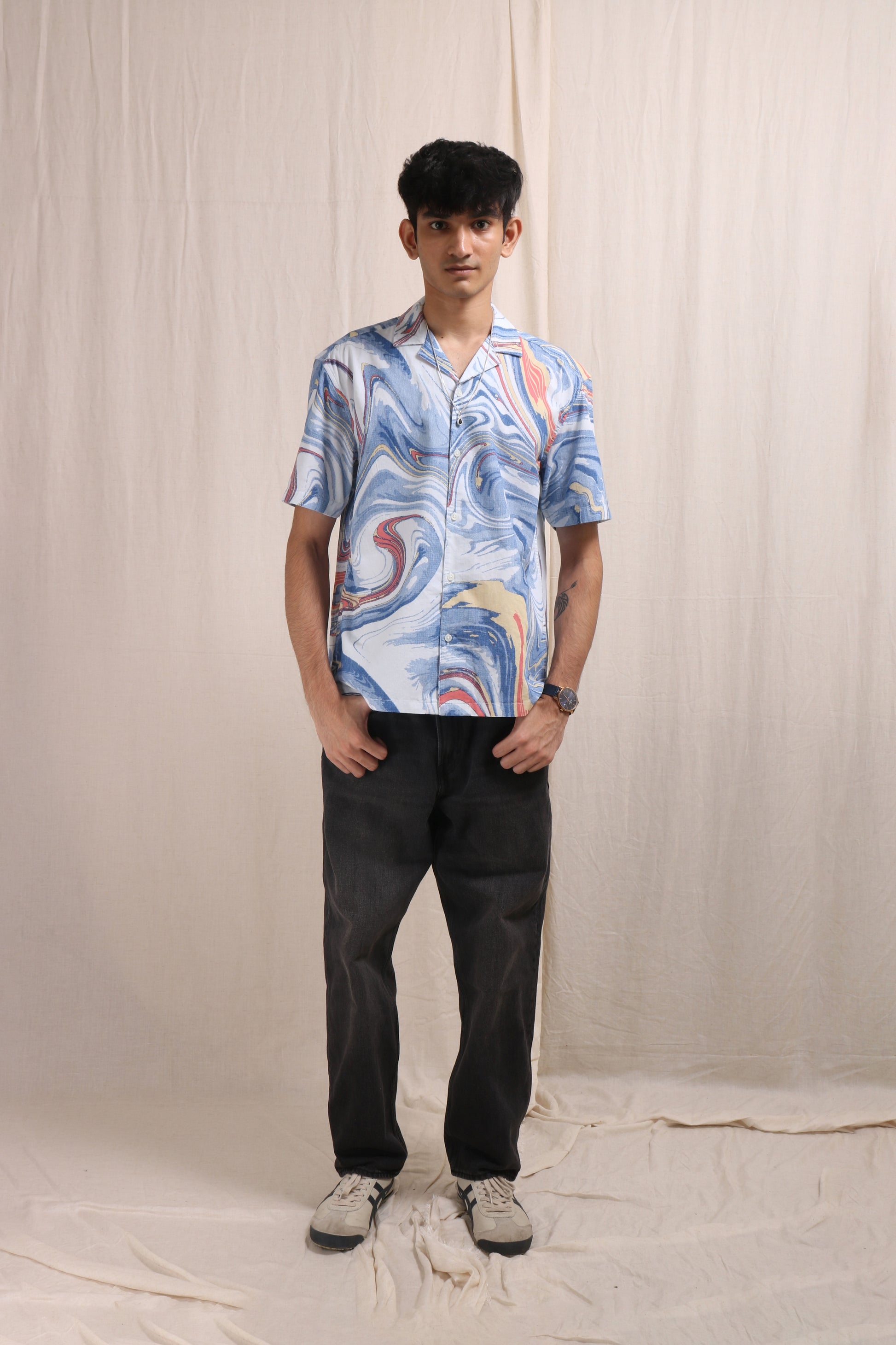 XKIND BLUE FINE CORDUROY DROP SHOULDER PRINTED RELAXED FIT SHIRT - XKIND