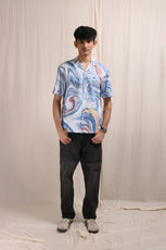 XKIND BLUE FINE CORDUROY DROP SHOULDER PRINTED RELAXED FIT SHIRT - XKIND