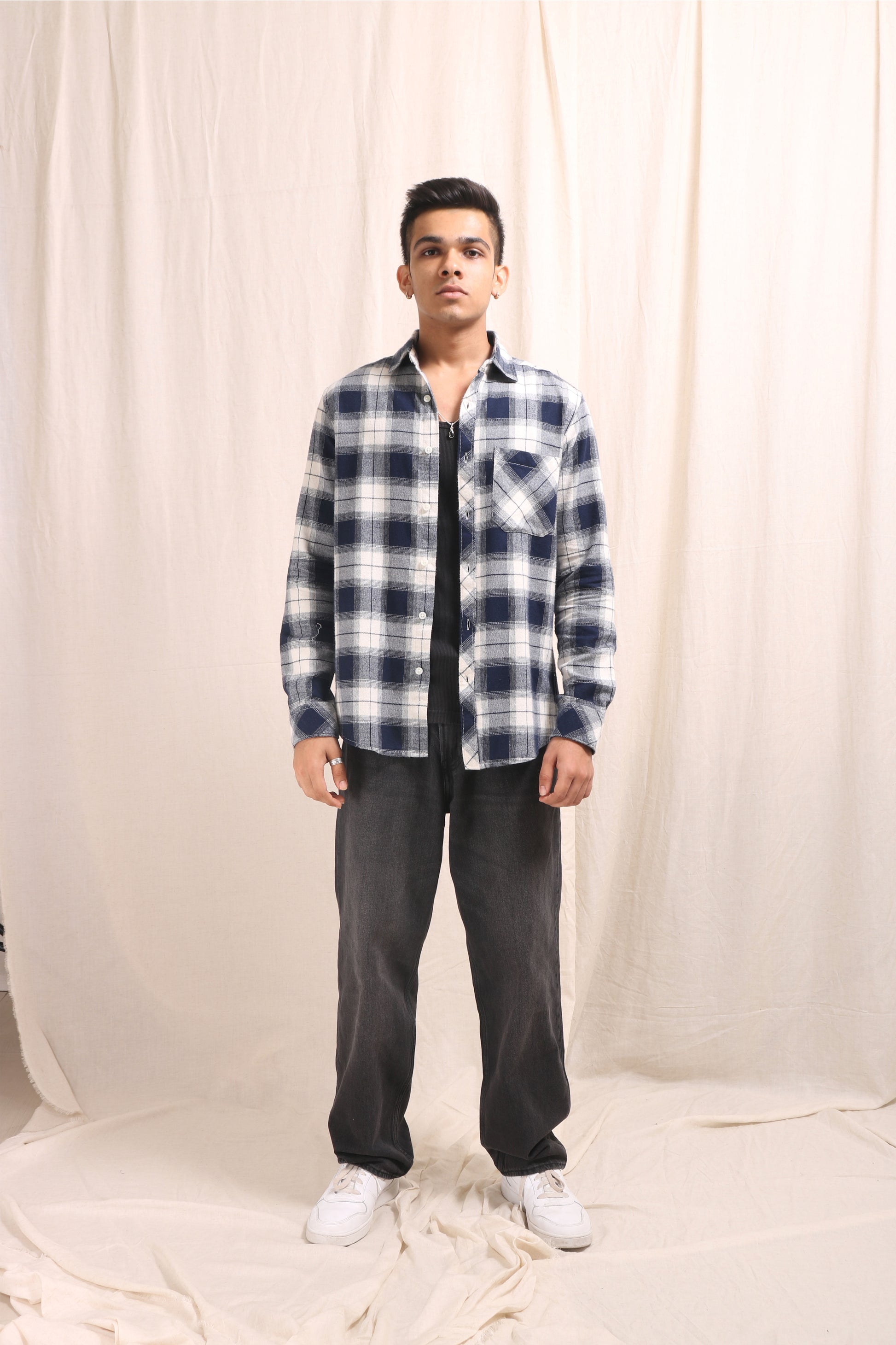 XKIND NAVY BLUE FLANNEL CHECKS REGULAR FIT SHIRT - XKIND