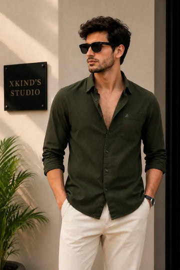 DARK GREEN TWILL LYCRA SLIM FIT CASUAL SHIRT