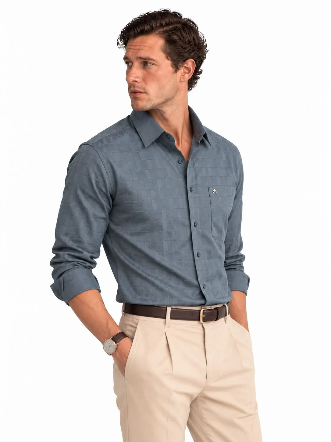 Dobby Teal Jacquard Slim Fit Formal Shirt