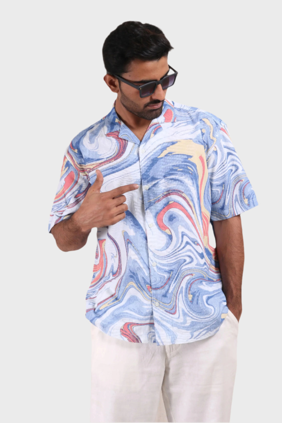 XKIND BLUE FINE CORDUROY DROP SHOULDER PRINTED RELAXED FIT SHIRT