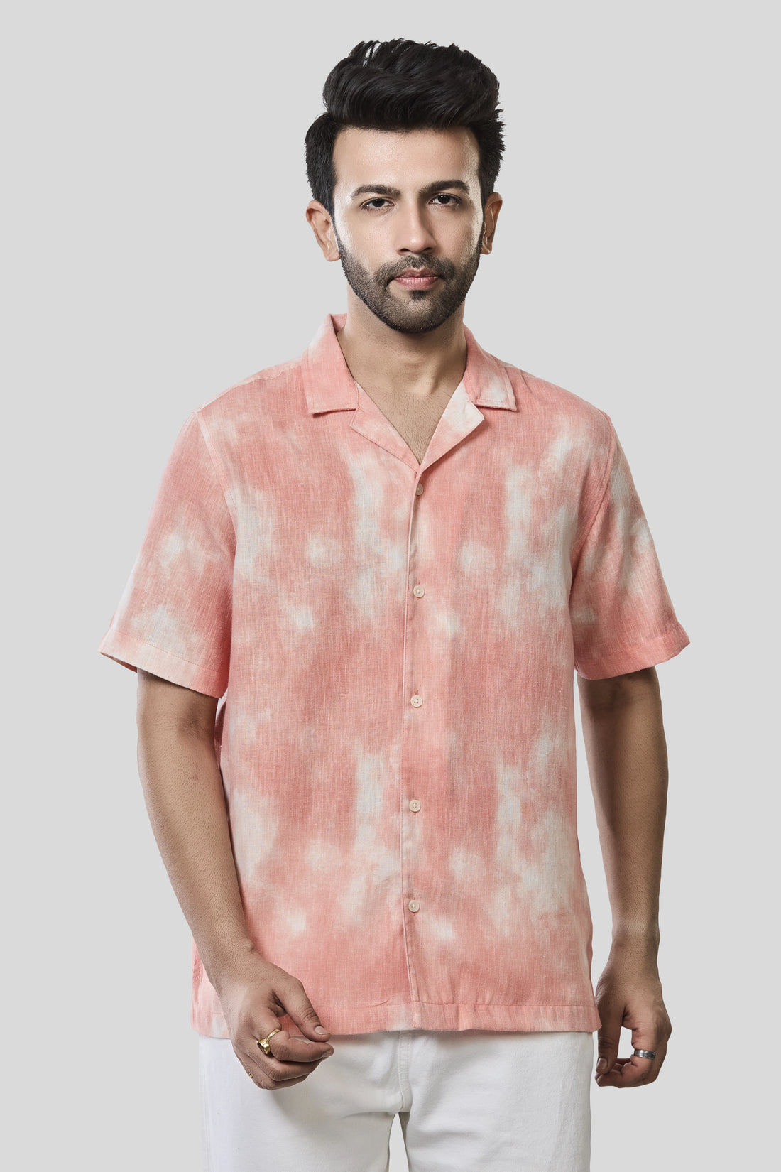 XKIND ORANGE PRINTED SLUB RELAXED FIT SHIRT