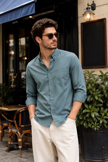 TEAL TWILL LYCRA SLIM FIT CASUAL SHIRT