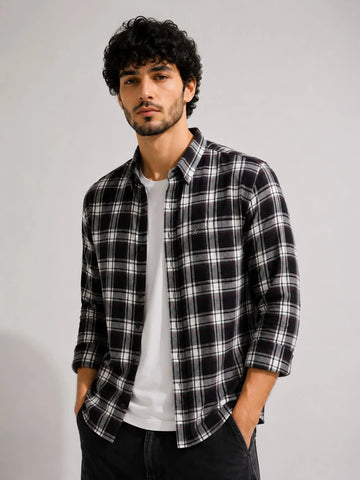 XKIND'S BLACK CHECKS REGULAR FIT CASUAL SHIRT