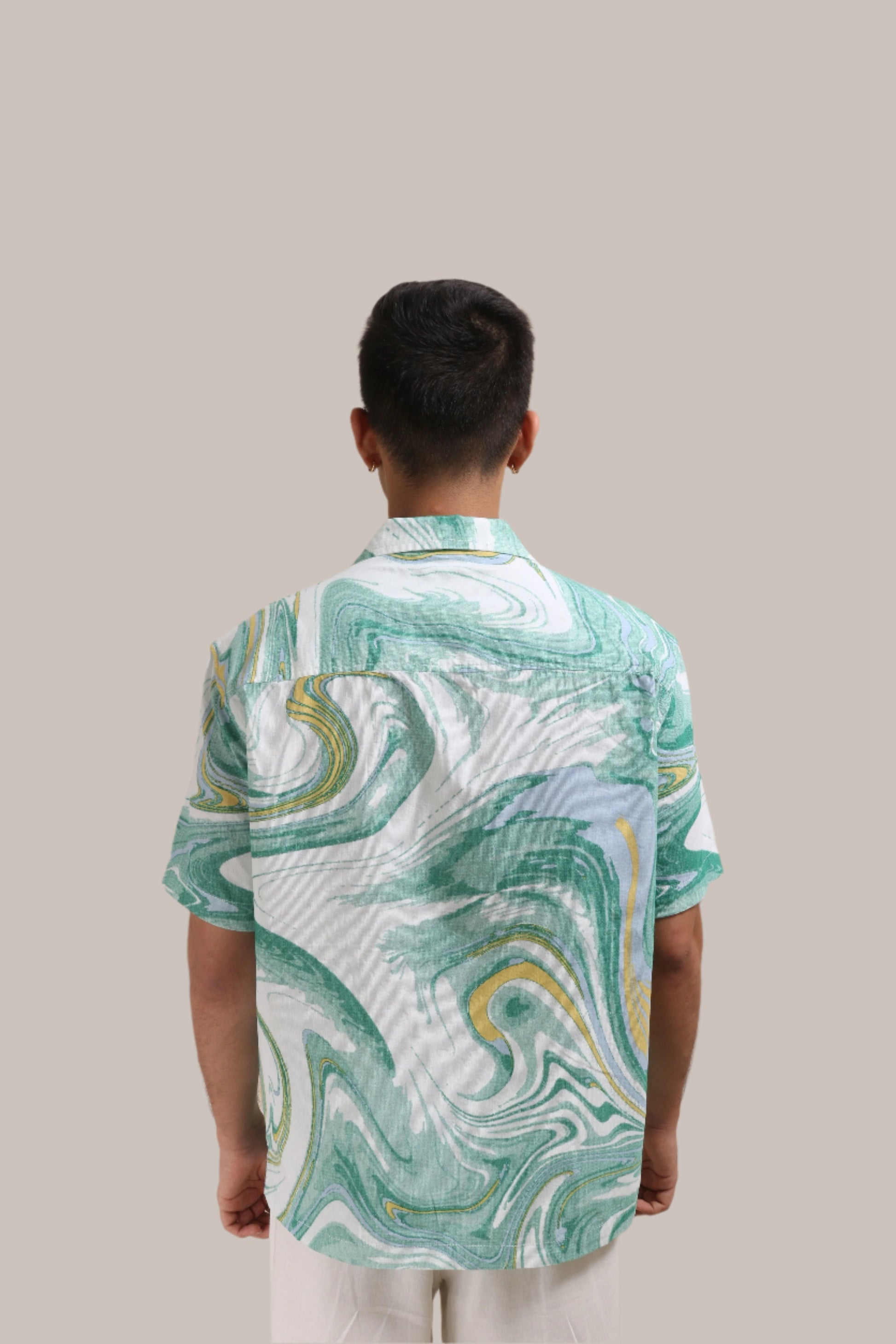 XKIND GREEN FINE CORDUROY DROP SHOULDER PRINTED RELAXED FIT SHIRT - XKIND