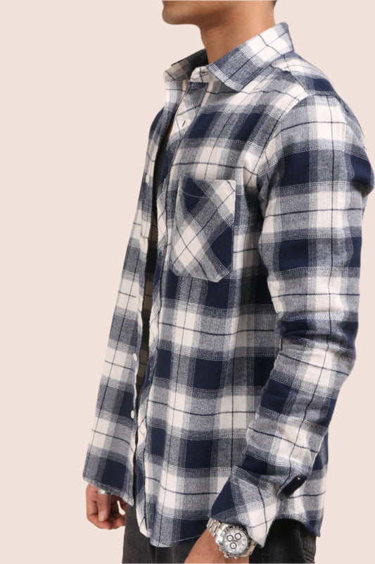 XKIND NAVY BLUE FLANNEL CHECKS REGULAR FIT SHIRT - XKIND