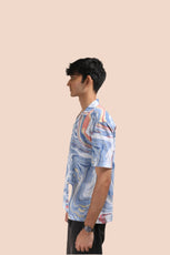 XKIND BLUE FINE CORDUROY DROP SHOULDER PRINTED RELAXED FIT SHIRT - XKIND