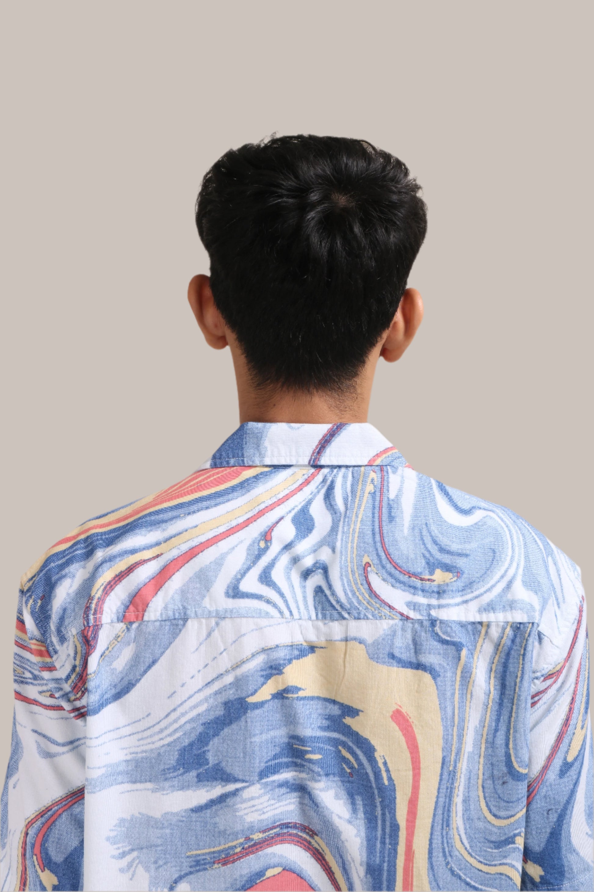 XKIND BLUE FINE CORDUROY DROP SHOULDER PRINTED RELAXED FIT SHIRT - XKIND