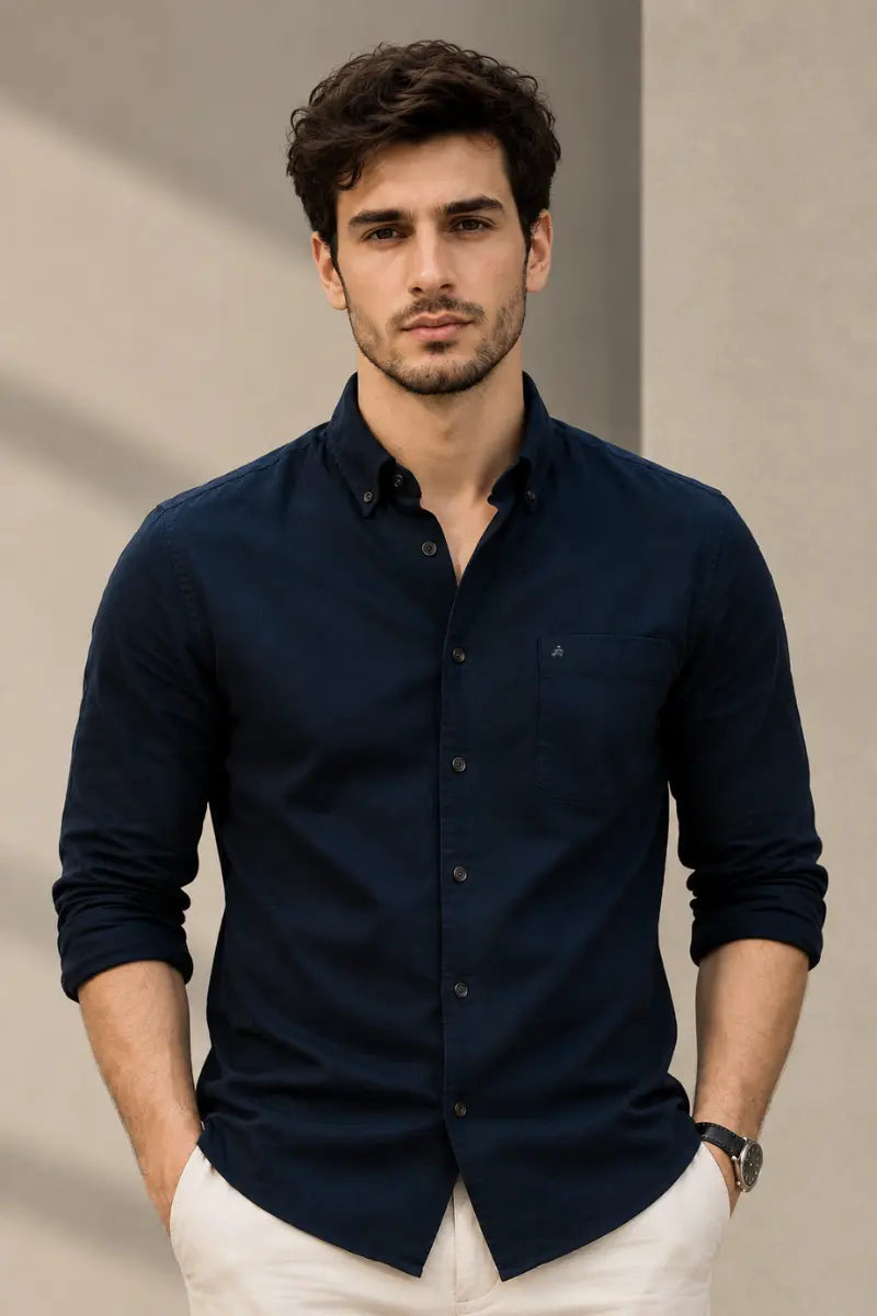 NAVY TWILL LYCRA SLIM FIT CASUAL SHIRT
