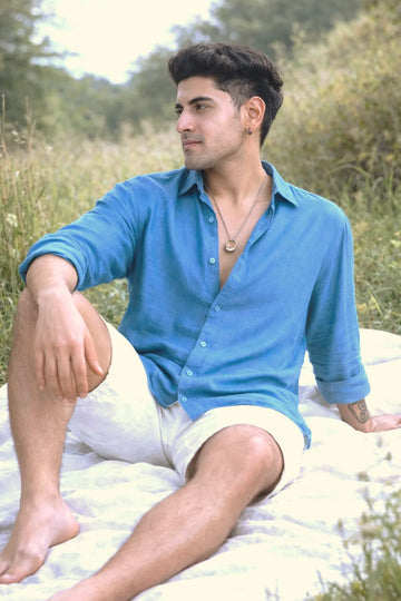 STEEL BLUE LINEN BLEND SHIRT