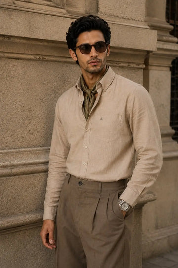 BEIGE 100% PURE LINEN BUTTON DOWN CASUAL SHIRT - XKIND'S