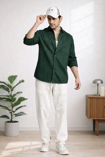 BOTTLE GREEN CROPPED FIT TEXTURED SHIRT