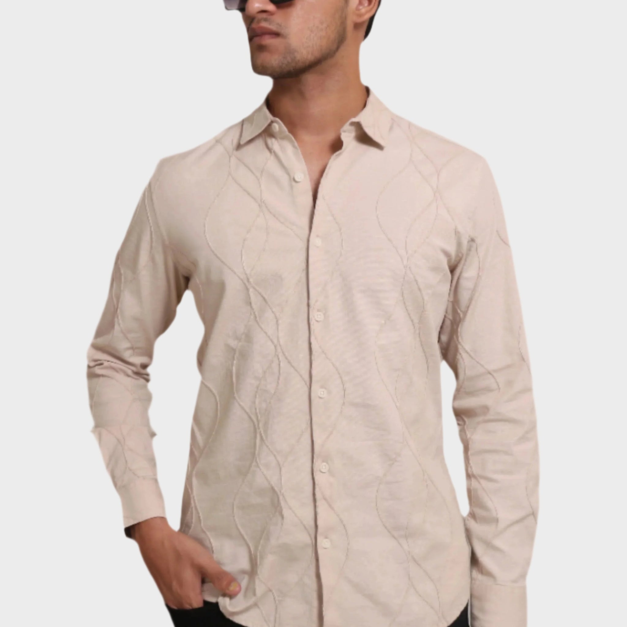 BEIGE EMBROIDERY FULL SLEEVE SLIM FIT SHIRT - XKIND