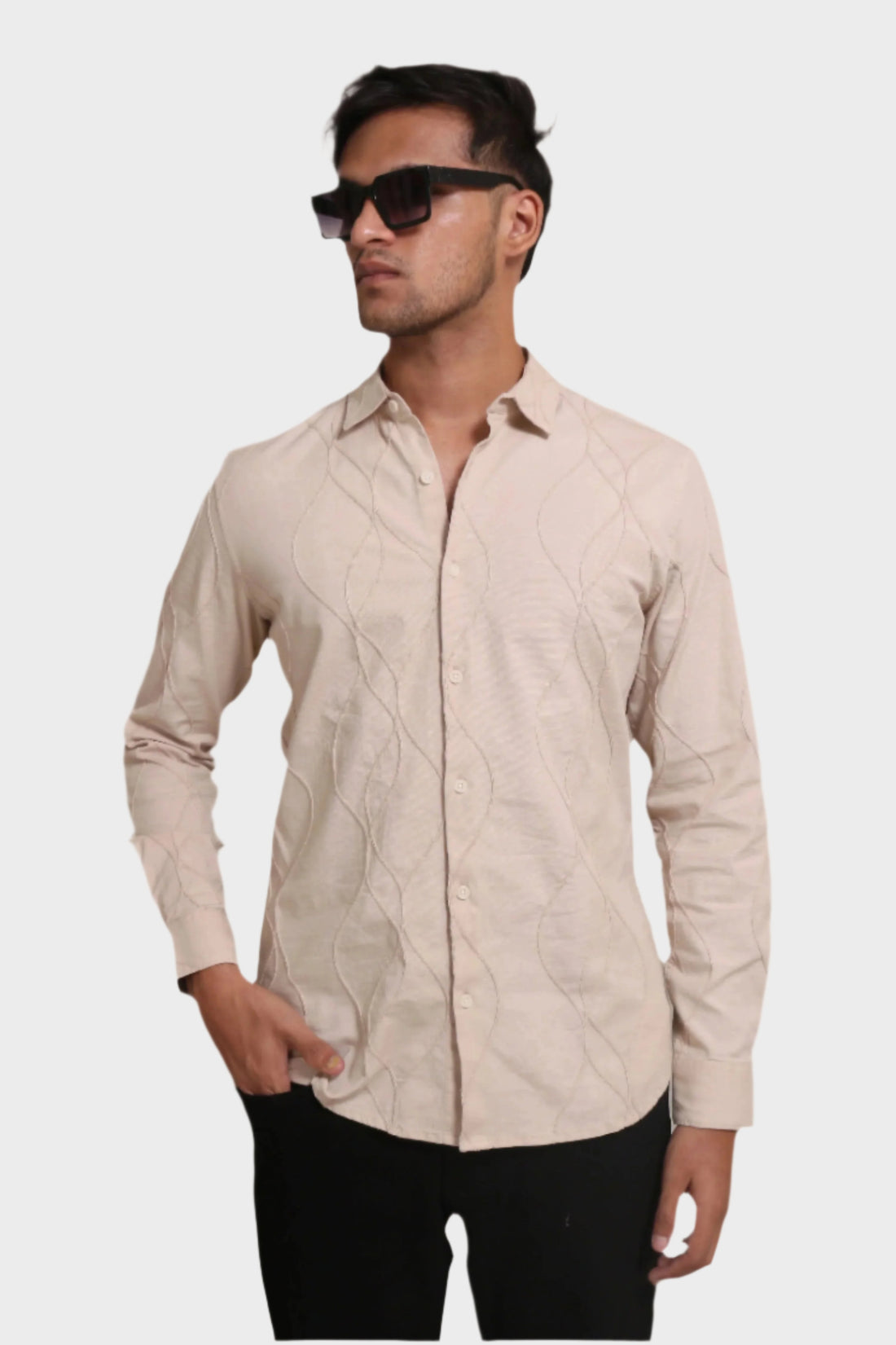 BEIGE EMBROIDERY FULL SLEEVE SLIM FIT SHIRT - XKIND