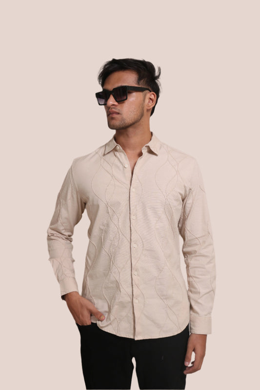 BEIGE EMBROIDERY FULL SLEEVE SLIM FIT SHIRT - XKIND