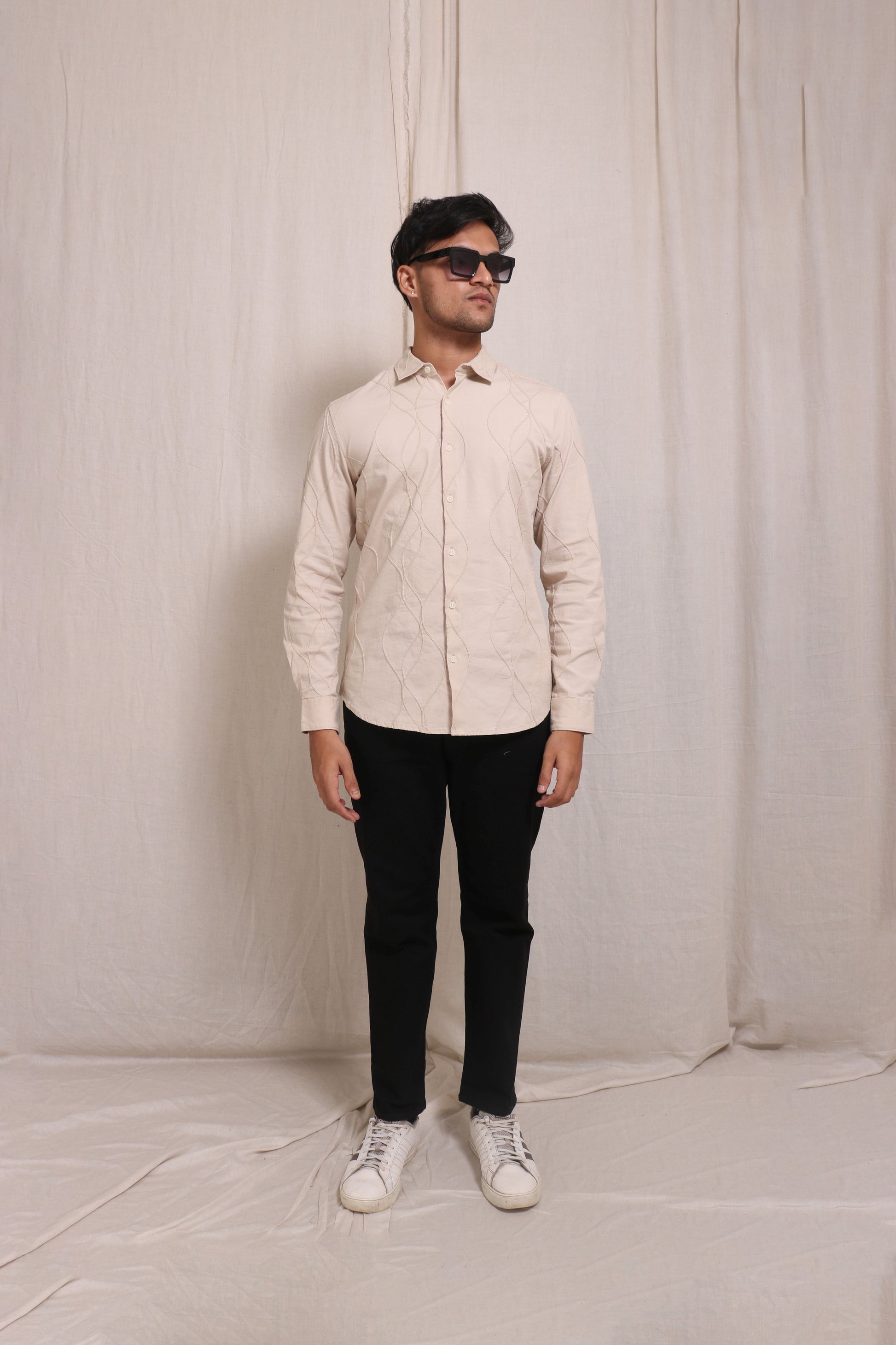 BEIGE EMBROIDERY FULL SLEEVE SLIM FIT SHIRT - XKIND