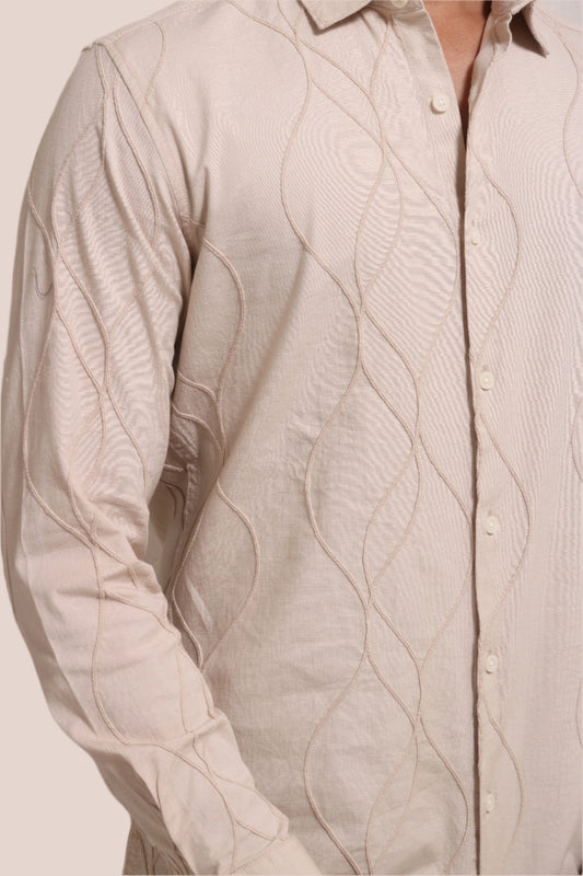 BEIGE EMBROIDERY FULL SLEEVE SLIM FIT SHIRT - XKIND