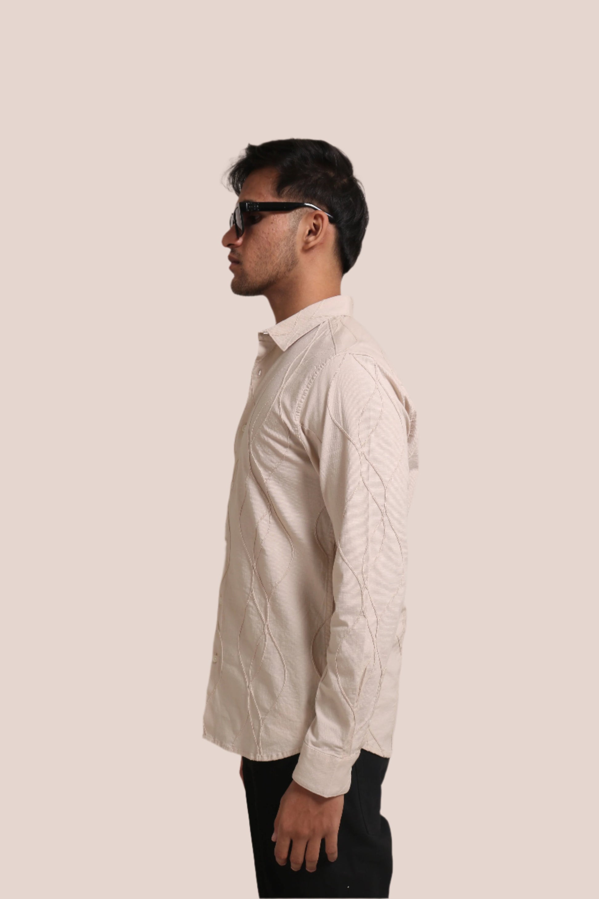 BEIGE EMBROIDERY FULL SLEEVE SLIM FIT SHIRT - XKIND