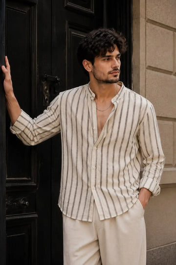Men Beige Slim Fit Striped Casual Shirt - XKIND