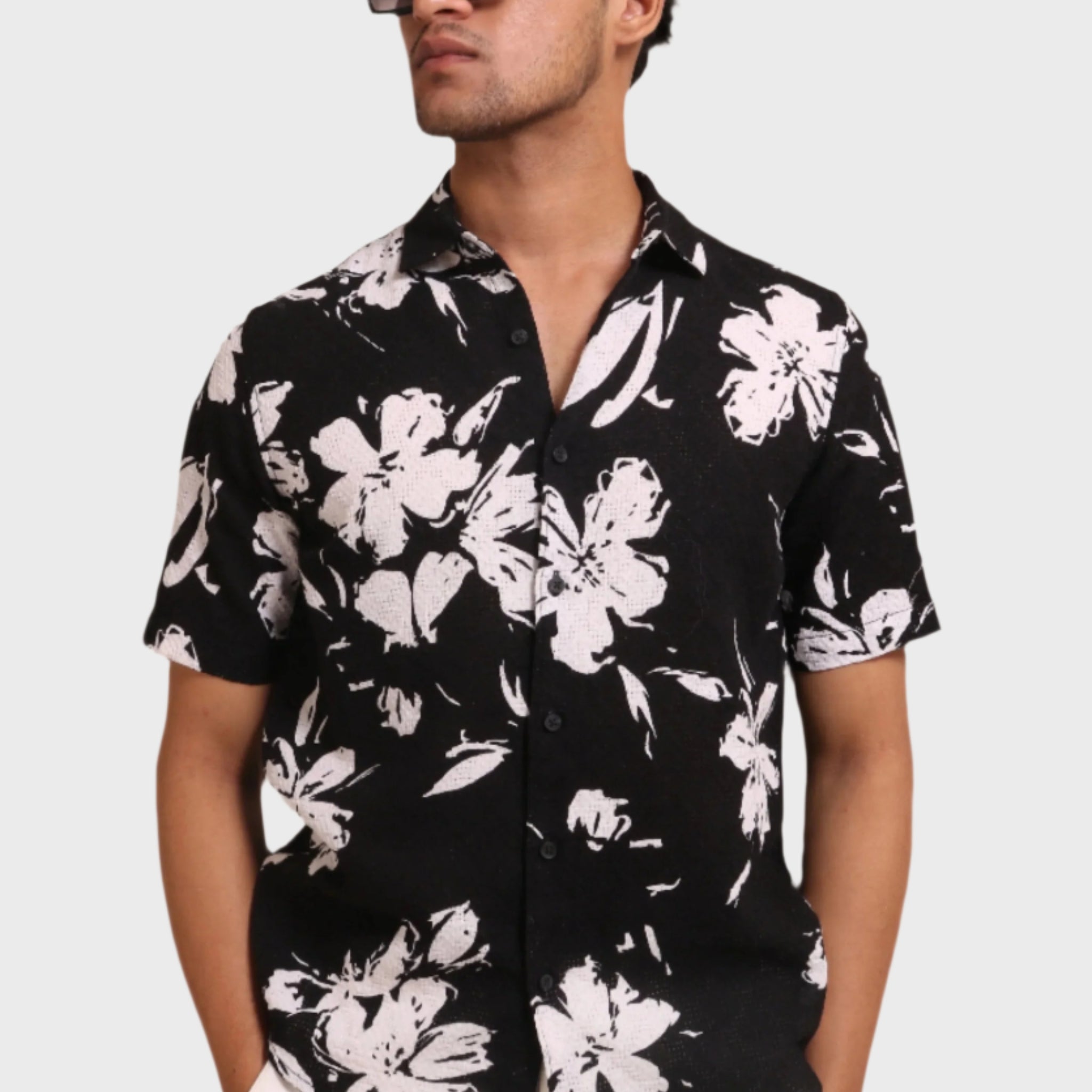 BLACK FLORAL PRINTED TEXTURED REGULAR FIT SHIRT - XKIND