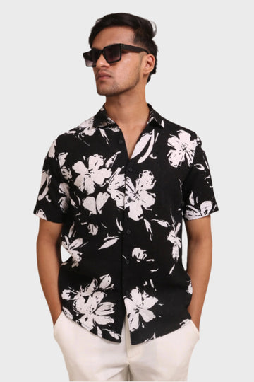 BLACK FLORAL PRINTED TEXTURED REGULAR FIT SHIRT - XKIND