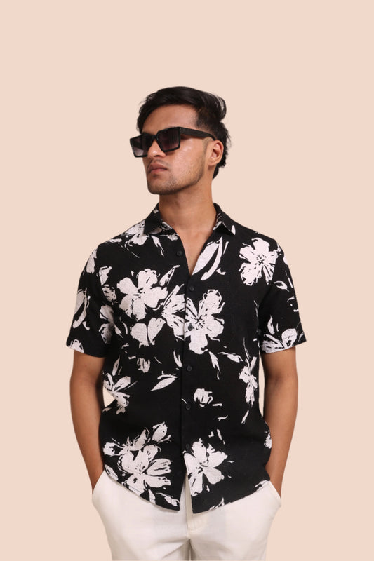 BLACK FLORAL PRINTED TEXTURED REGULAR FIT SHIRT - XKIND