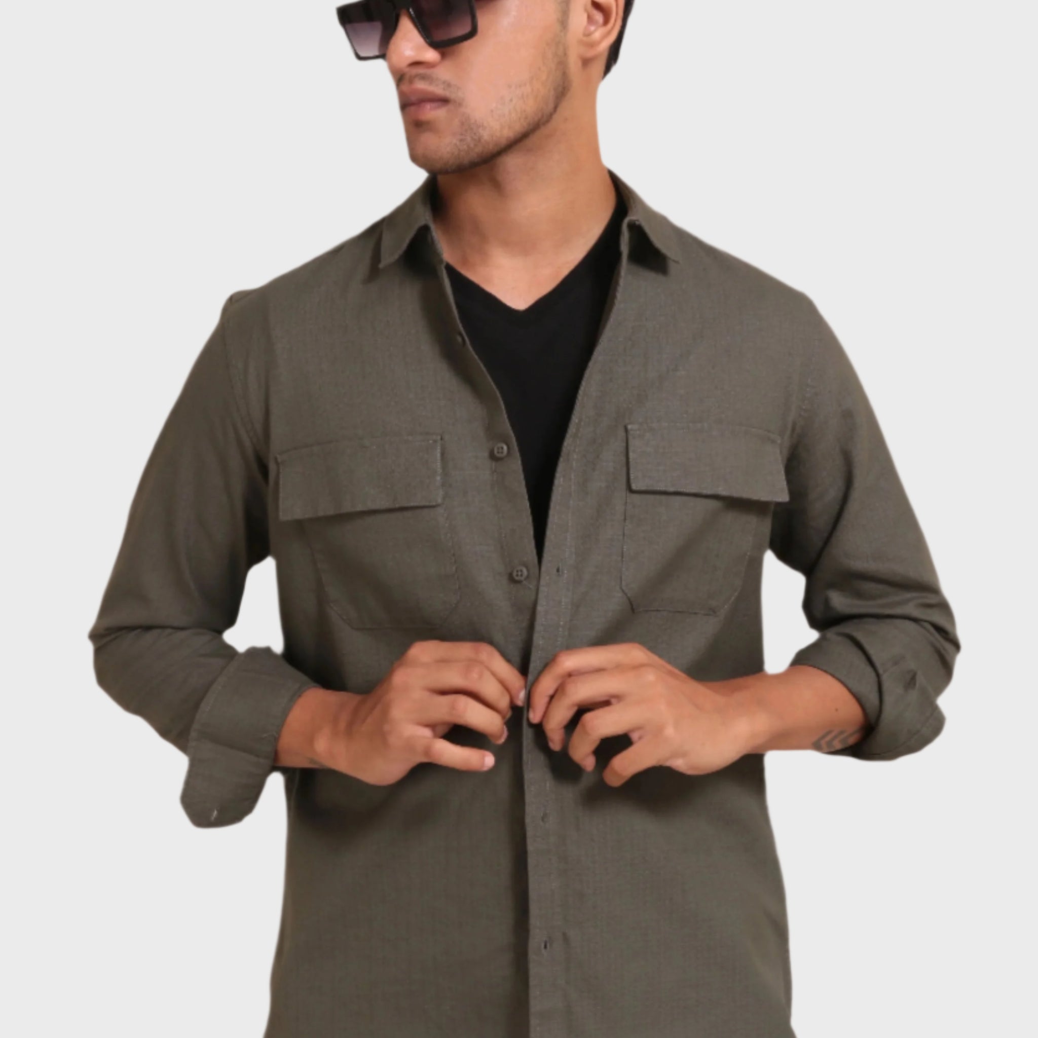 DARK GREEN TEXTURED REGULAT FIT SHIRT/ OVERSHIRT - XKIND