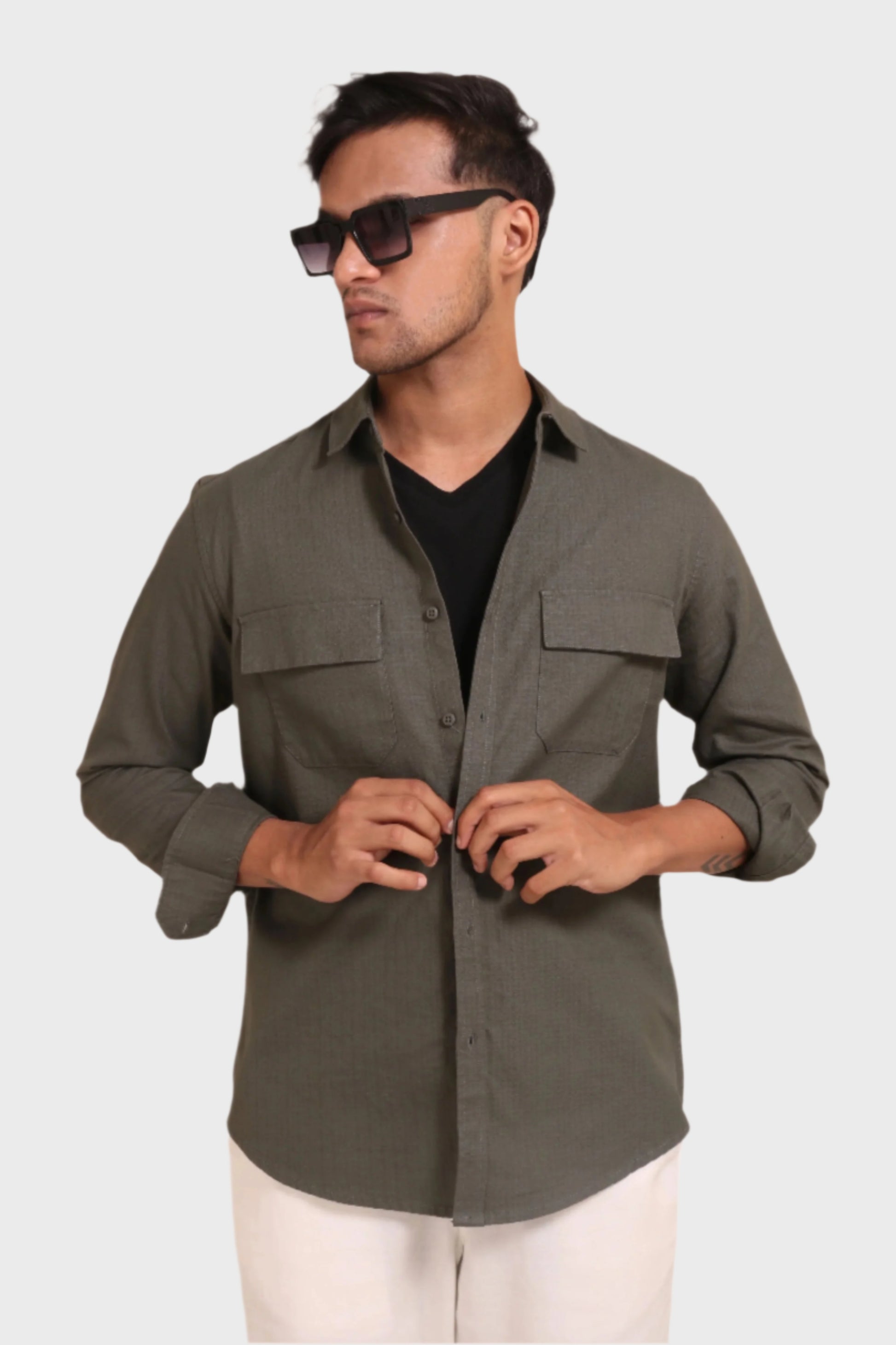 DARK GREEN TEXTURED REGULAT FIT SHIRT/ OVERSHIRT - XKIND