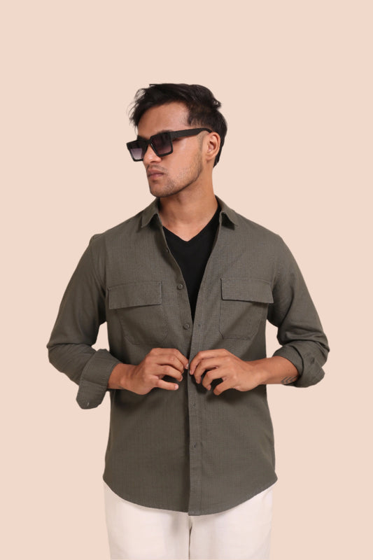 DARK GREEN TEXTURED REGULAT FIT SHIRT/ OVERSHIRT - XKIND