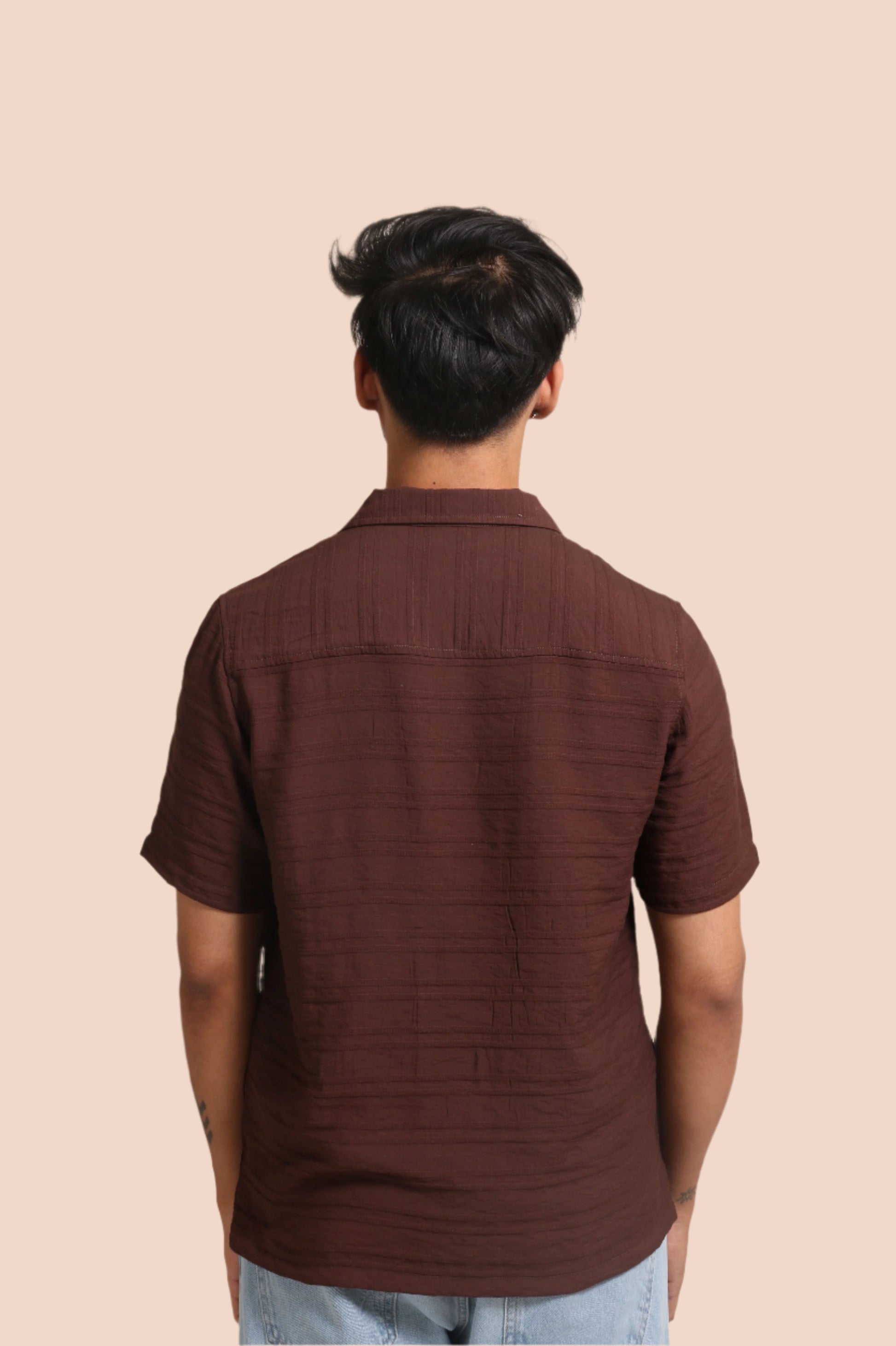 BROWN HORIZONTAL PLEATED STRIPES RELAXED FIT SHIRT - XKIND