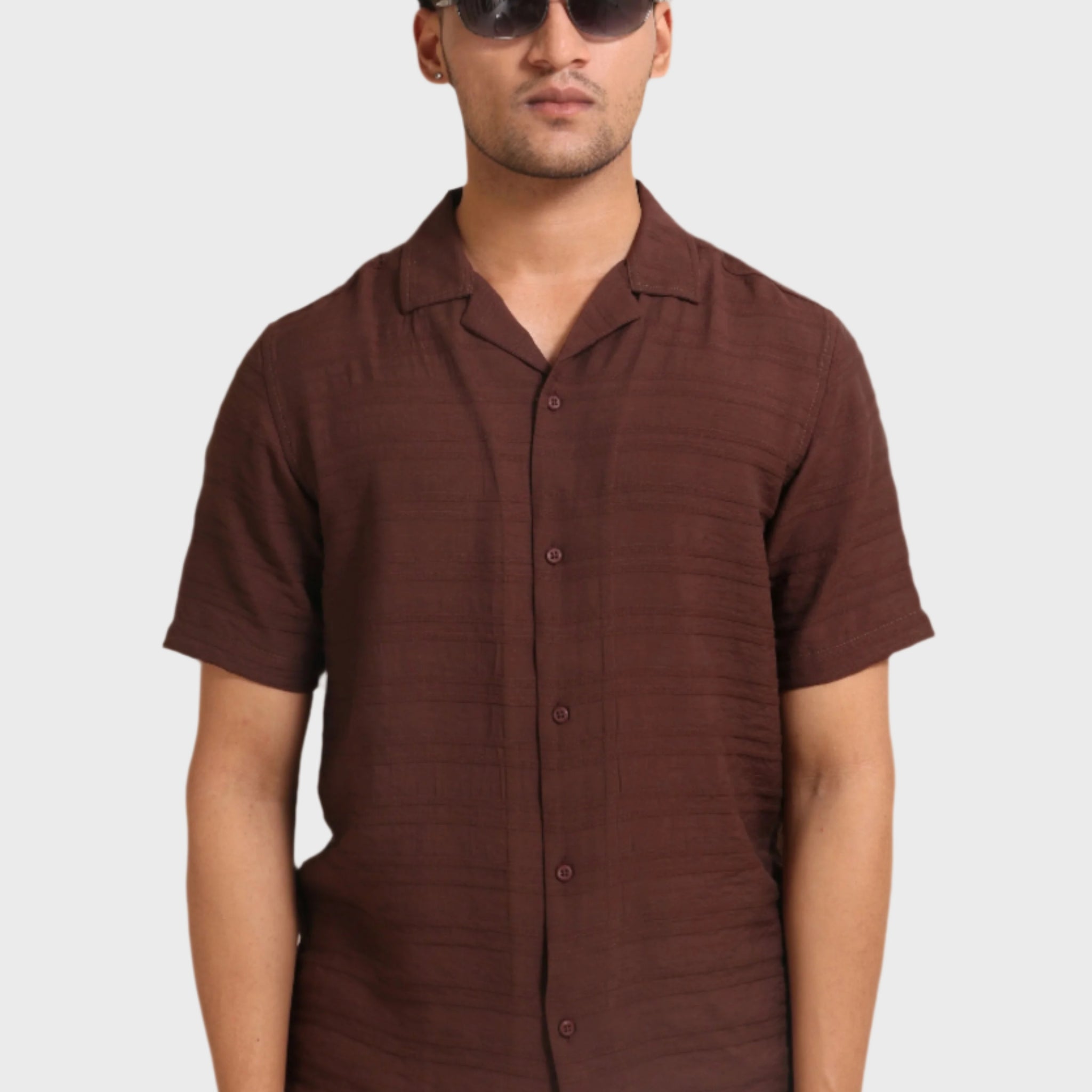 BROWN HORIZONTAL PLEATED STRIPES RELAXED FIT SHIRT - XKIND