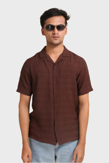 BROWN HORIZONTAL PLEATED STRIPES RELAXED FIT SHIRT - XKIND