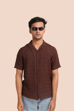 BROWN HORIZONTAL PLEATED STRIPES RELAXED FIT SHIRT - XKIND