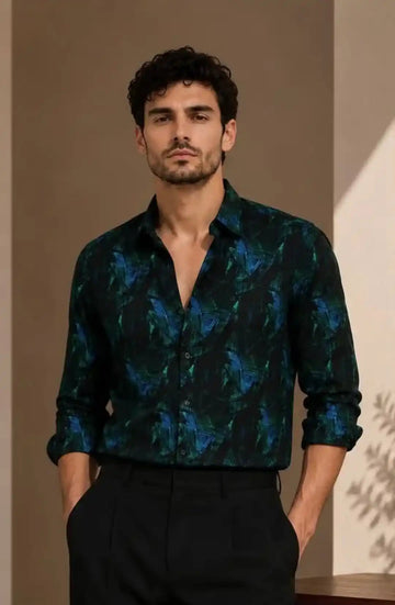 XKIND'S TEAL PRINTED SLIM FIT SHIRT