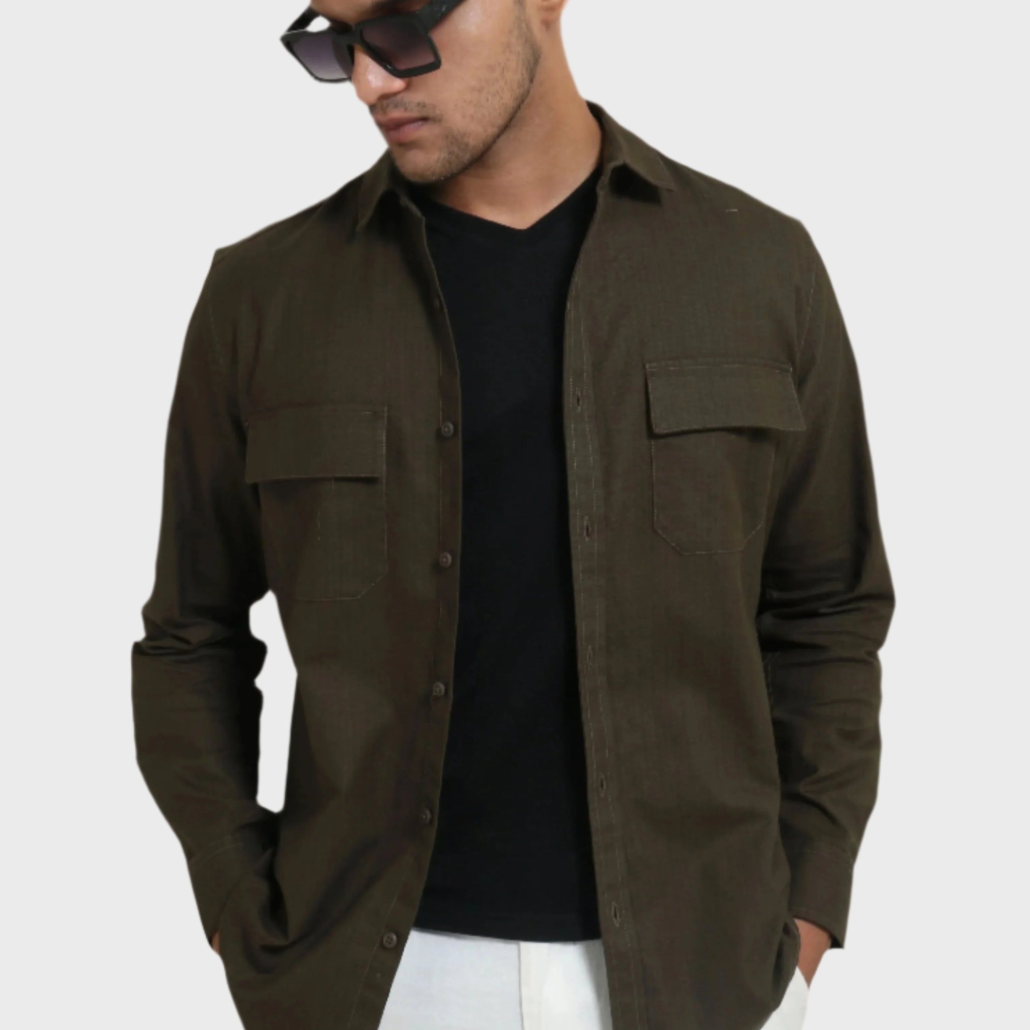 OLIVE GREEN TEXTURED REGULAR FIT SHIRT - XKIND