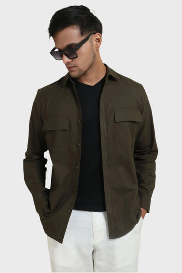 OLIVE GREEN TEXTURED REGULAR FIT SHIRT - XKIND