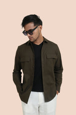 OLIVE GREEN TEXTURED REGULAR FIT SHIRT - XKIND