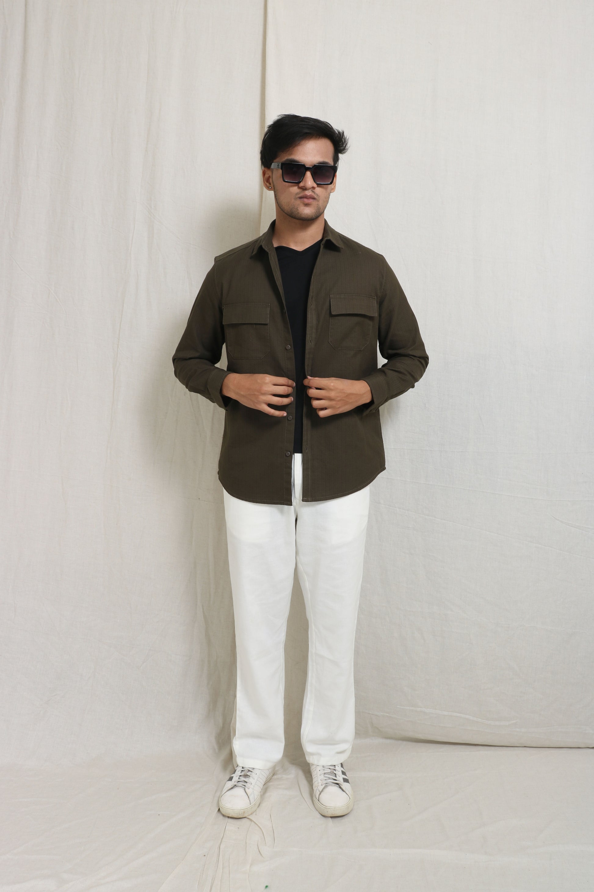 OLIVE GREEN TEXTURED REGULAR FIT SHIRT - XKIND