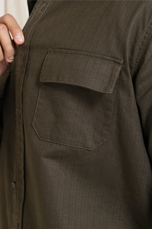 OLIVE GREEN TEXTURED REGULAR FIT SHIRT - XKIND