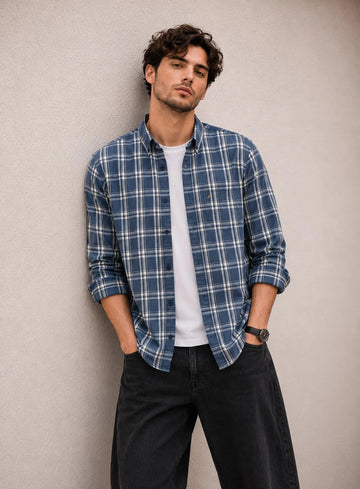 XKIND'S NAVY CHECKS SHIRT REGULAR FIT