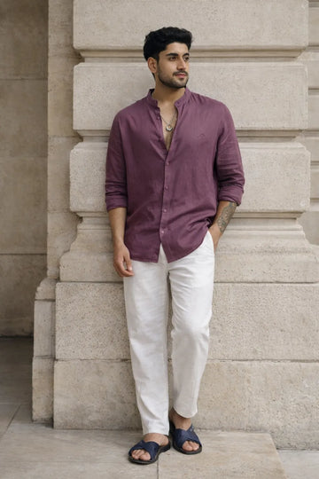 DARK MAUVE LINEN BLEND MANDARIN SHIRT