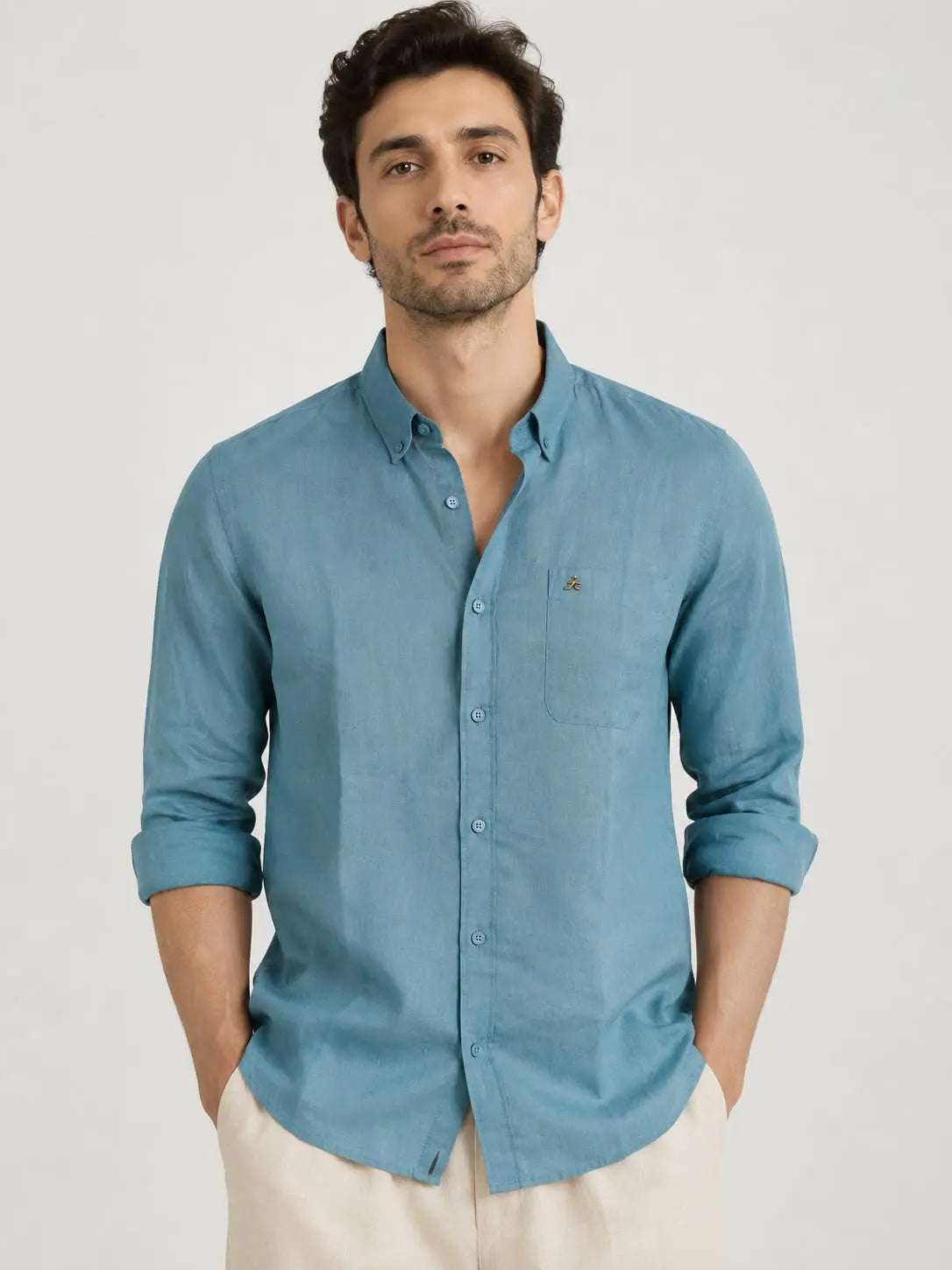 BLUE 100% PURE LINEN BUTTON DOWN CASUAL SHIRT - XKIND