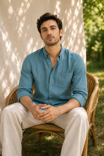 BLUE 100% PURE LINEN BUTTON DOWN CASUAL SHIRT - XKIND